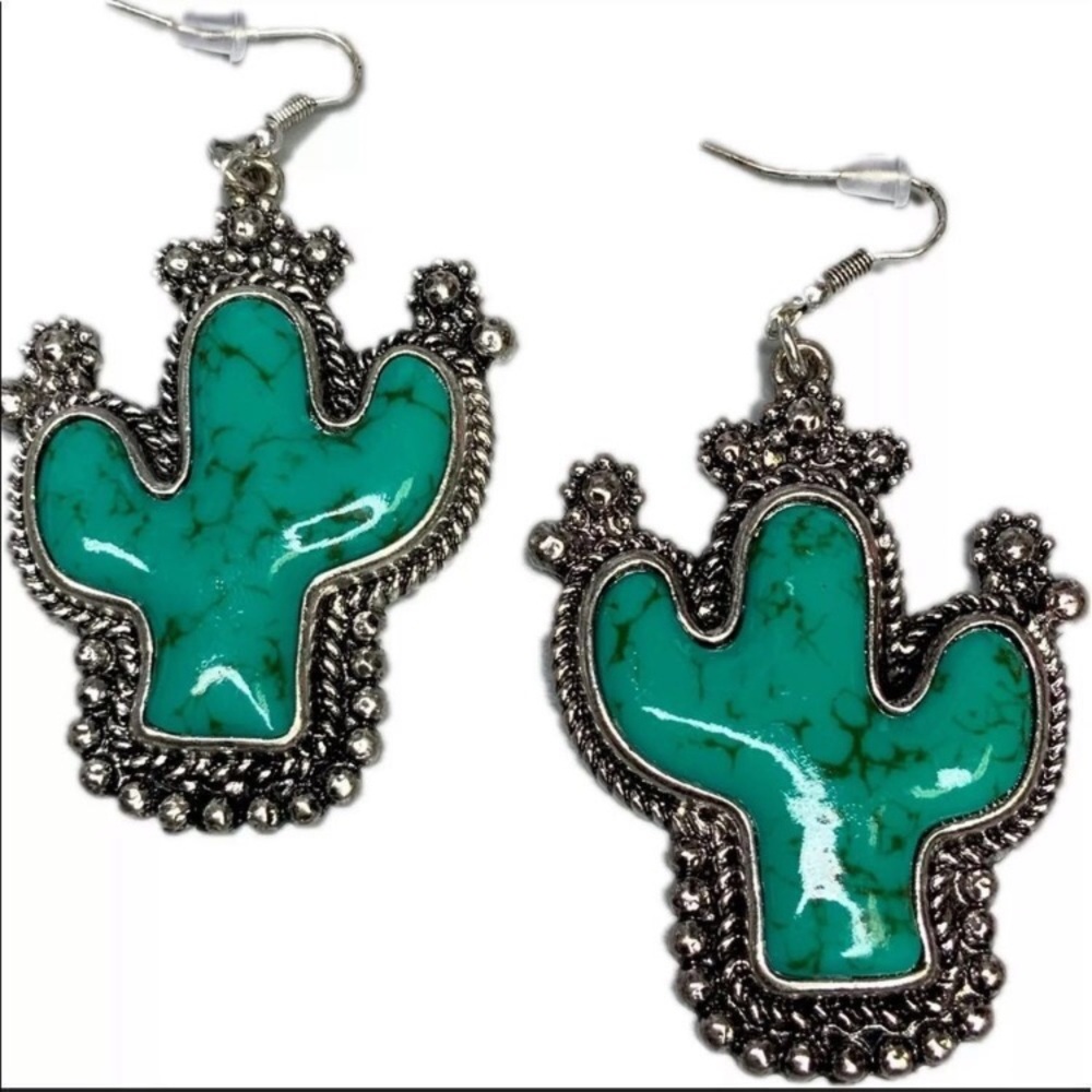 Cactus Earrings Turquoise And Silver Tone Western